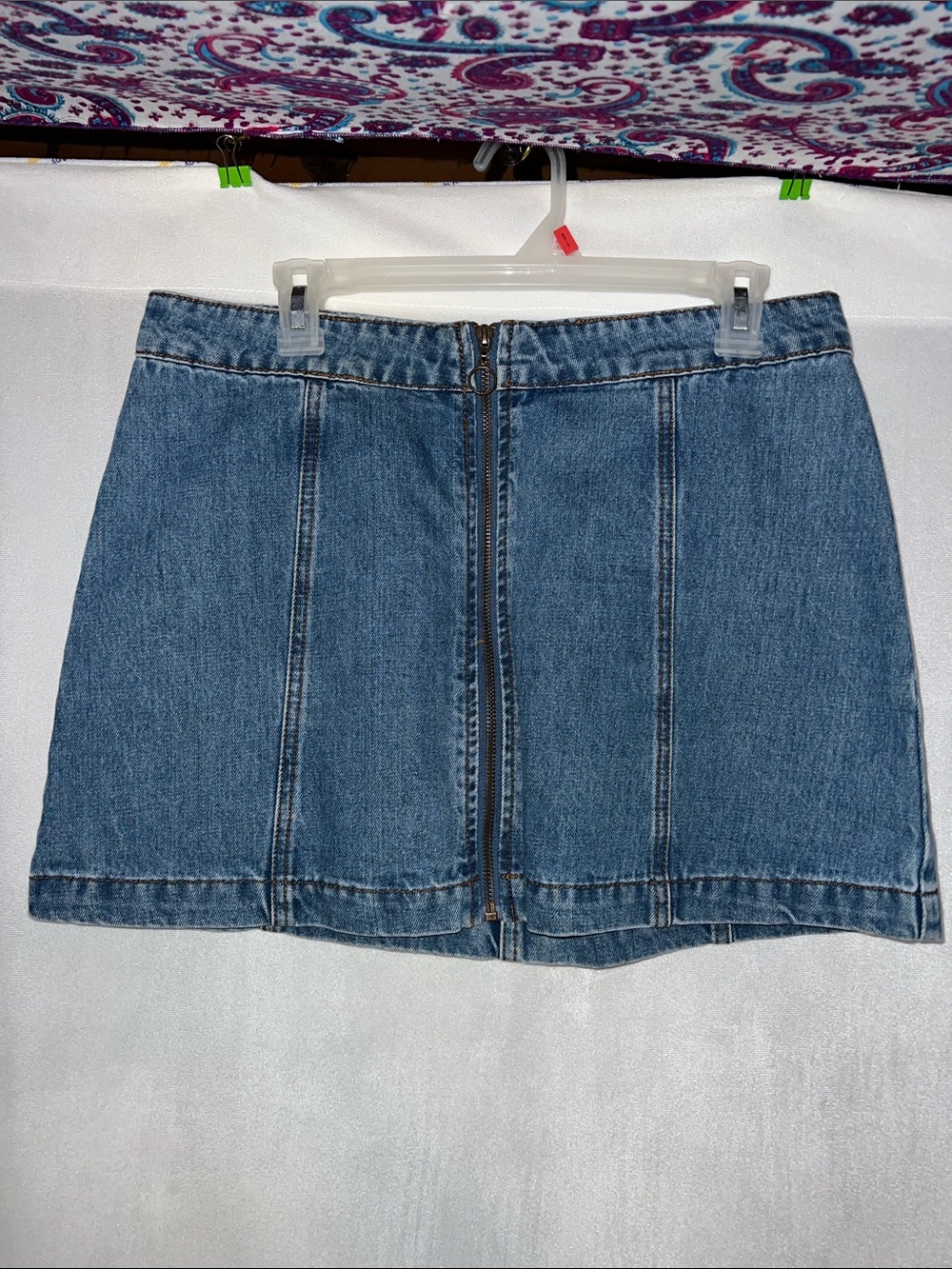 Altar’d State Medium Denim Front-Zip Mini Skirt - Blue Waist 17” flat